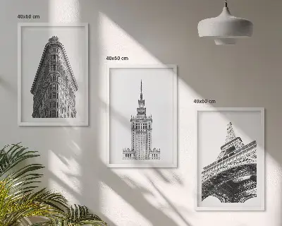 Triptykon med arkitektoniske sort-hvide bygninger med ramme