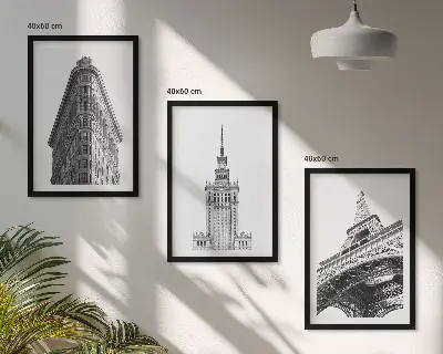 Triptykon med arkitektoniske sort-hvide bygninger med ramme