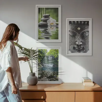 Buddha vægdekoration med sten- og vandmotiv billedsæt til soveværelset med harmoni-tema