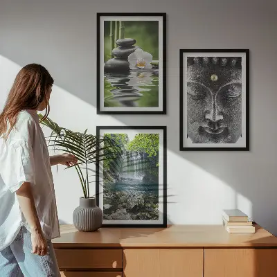 Buddha vægdekoration med sten- og vandmotiv billedsæt til soveværelset med harmoni-tema