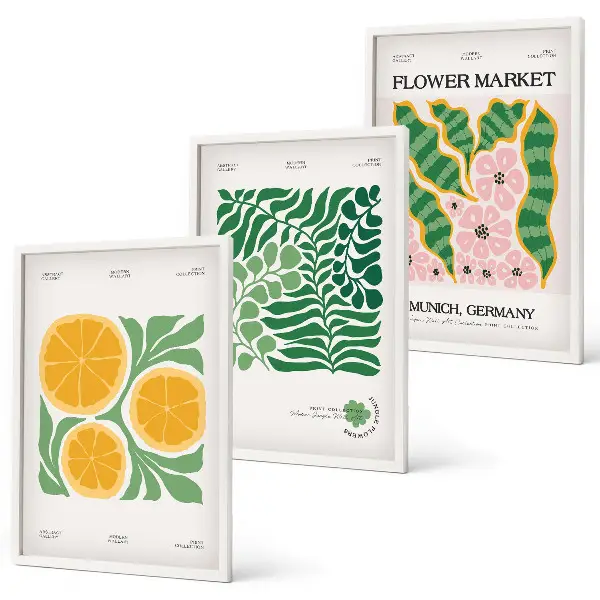 Triptykon med frugt- og plantemotiver pastelfarvede print med ramme