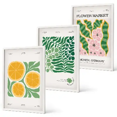 Triptykon med frugt- og plantemotiver pastelfarvede print med ramme