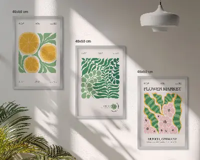 Triptykon med frugt- og plantemotiver pastelfarvede print med ramme