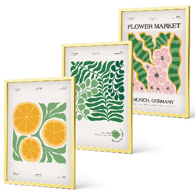 Triptykon billeder med ramme Pastelfarvede frugt- og plantemotiver