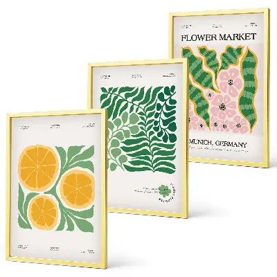 Triptykon med frugt- og plantemotiver pastelfarvede print med ramme