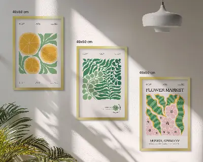Triptykon med frugt- og plantemotiver pastelfarvede print med ramme
