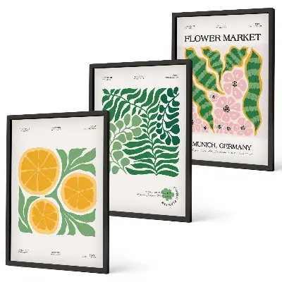 Triptykon med frugt- og plantemotiver pastelfarvede print med ramme