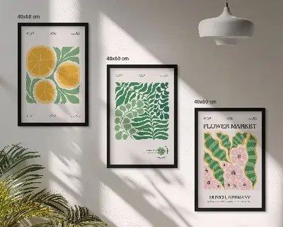 Triptykon med frugt- og plantemotiver pastelfarvede print med ramme