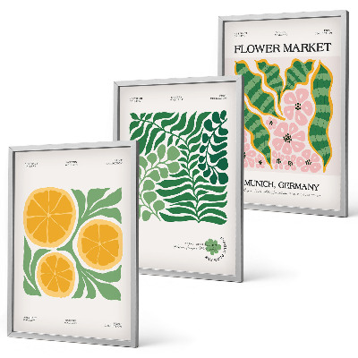Triptykon billeder med ramme Pastelfarvede frugt- og plantemotiver
