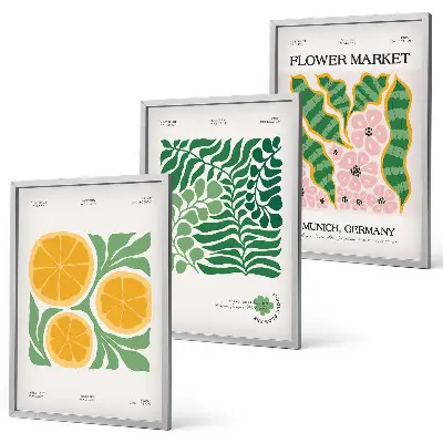 Triptykon med frugt- og plantemotiver pastelfarvede print med ramme