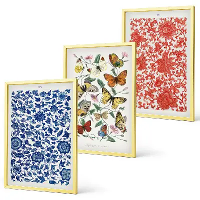 Triptykon med vintage blomster og sommerfugle billeder med ramme