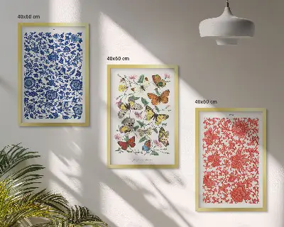 Triptykon med vintage blomster og sommerfugle billeder med ramme