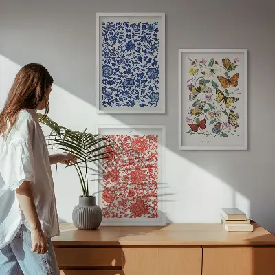 Triptykon med vintage blomster og sommerfugle billeder med ramme