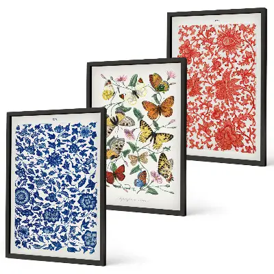 Triptykon med vintage blomster og sommerfugle billeder med ramme