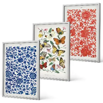Triptykon med vintage blomster og sommerfugle billeder med ramme