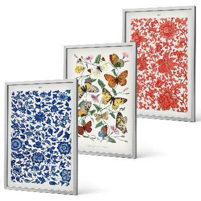 Triptykon billeder med ramme Vintage blomster sommerfugle ornamenter