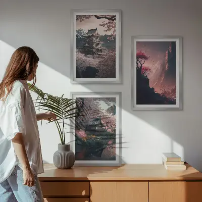 Fantasilandskaber i Japans bjerge triptykon med ramme