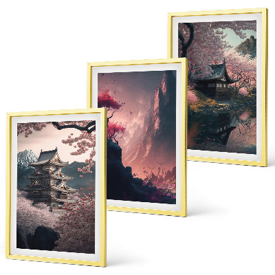 Triptykon billeder med ramme Fantasilandskaber i Japans bjerge