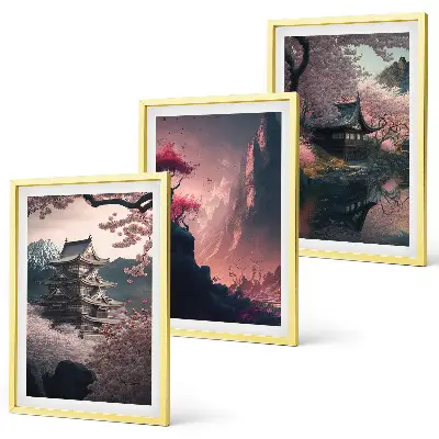 Fantasilandskaber i Japans bjerge triptykon med ramme