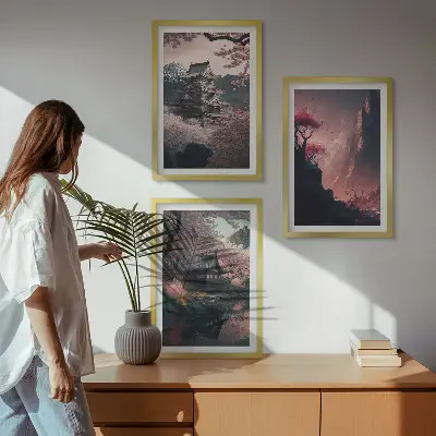 Fantasilandskaber i Japans bjerge triptykon med ramme