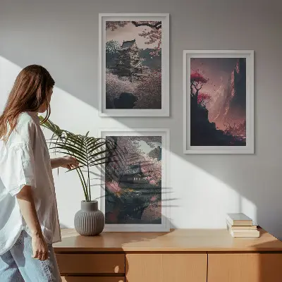 Fantasilandskaber i Japans bjerge triptykon med ramme