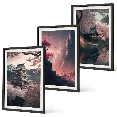 Fantasilandskaber i Japans bjerge triptykon med ramme