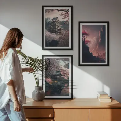 Fantasilandskaber i Japans bjerge triptykon med ramme