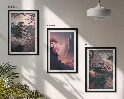 Fantasilandskaber i Japans bjerge triptykon med ramme