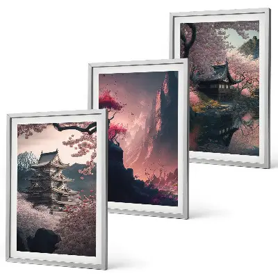 Fantasilandskaber i Japans bjerge triptykon med ramme