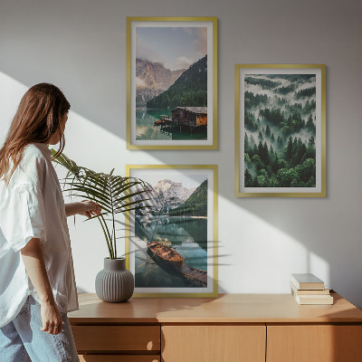 Triptykon billeder med ramme Bjergsø båd skov tåge
