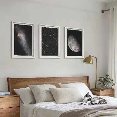 Triptyk-billeder med ramme rumgalakse med stjerner og måne