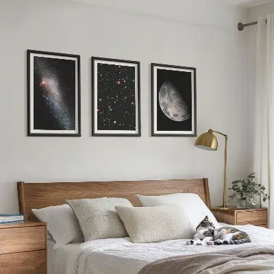 Triptyk-billeder med ramme rumgalakse med stjerner og måne