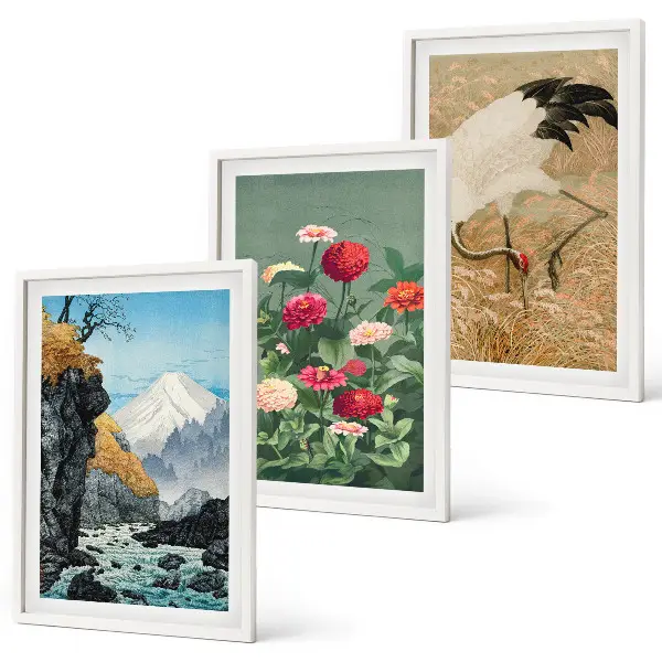 Billedvæg med motiv af bjerglandskab, flod, blomster og traner