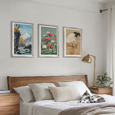 Billedvæg inspiration Bjerge landskab flod blomster traner