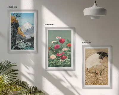 Billedvæg med motiv af bjerglandskab, flod, blomster og traner