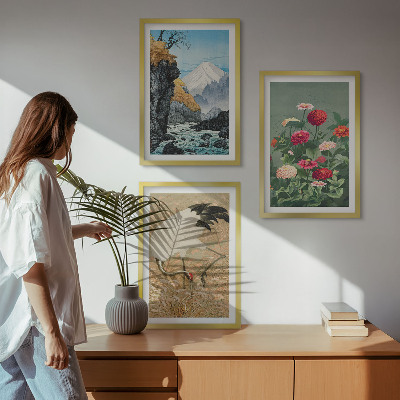 Billedvæg inspiration Bjerge landskab flod blomster traner