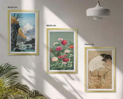 Billedvæg med motiv af bjerglandskab, flod, blomster og traner