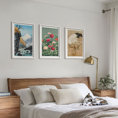 Billedvæg inspiration Bjerge landskab flod blomster traner