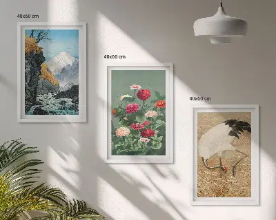 Billedvæg med motiv af bjerglandskab, flod, blomster og traner