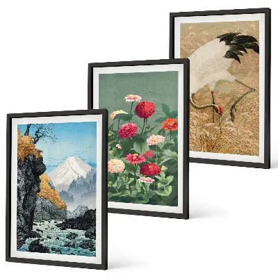 Billedvæg med motiv af bjerglandskab, flod, blomster og traner