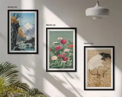 Billedvæg med motiv af bjerglandskab, flod, blomster og traner