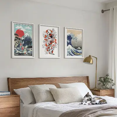 Billedsæt til soveværelset med motiv af Great Wave Japan