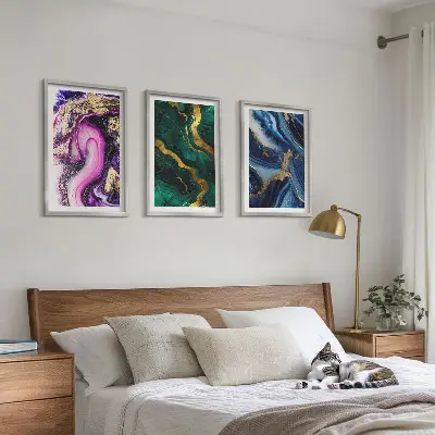 Triptykon med abstrakte rosegrønne mønstre billedsæt med ramme