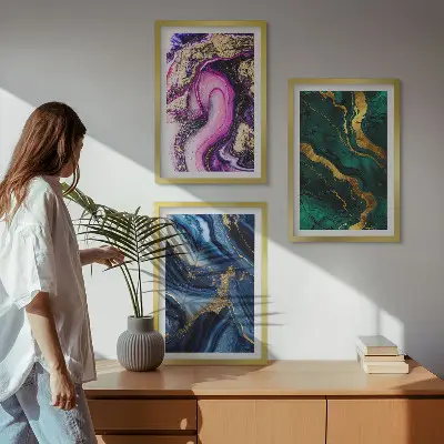 Triptykon med abstrakte rosegrønne mønstre billedsæt med ramme