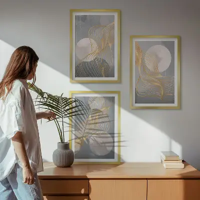 Triptykon med abstrakte mønstre af bølger og cirkler billeder med ramme