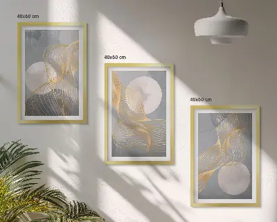 Triptykon med abstrakte mønstre af bølger og cirkler billeder med ramme
