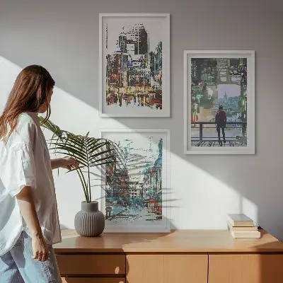 Billedvæg moderne byer med farverige figurer