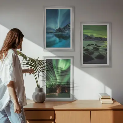 Billedsæt til soveværelset med vinterlandskaber af aurora og bjerge
