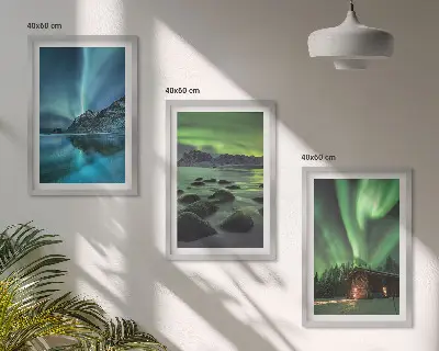 Billedsæt til soveværelset med vinterlandskaber af aurora og bjerge