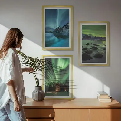 Billedsæt til soveværelset med vinterlandskaber af aurora og bjerge